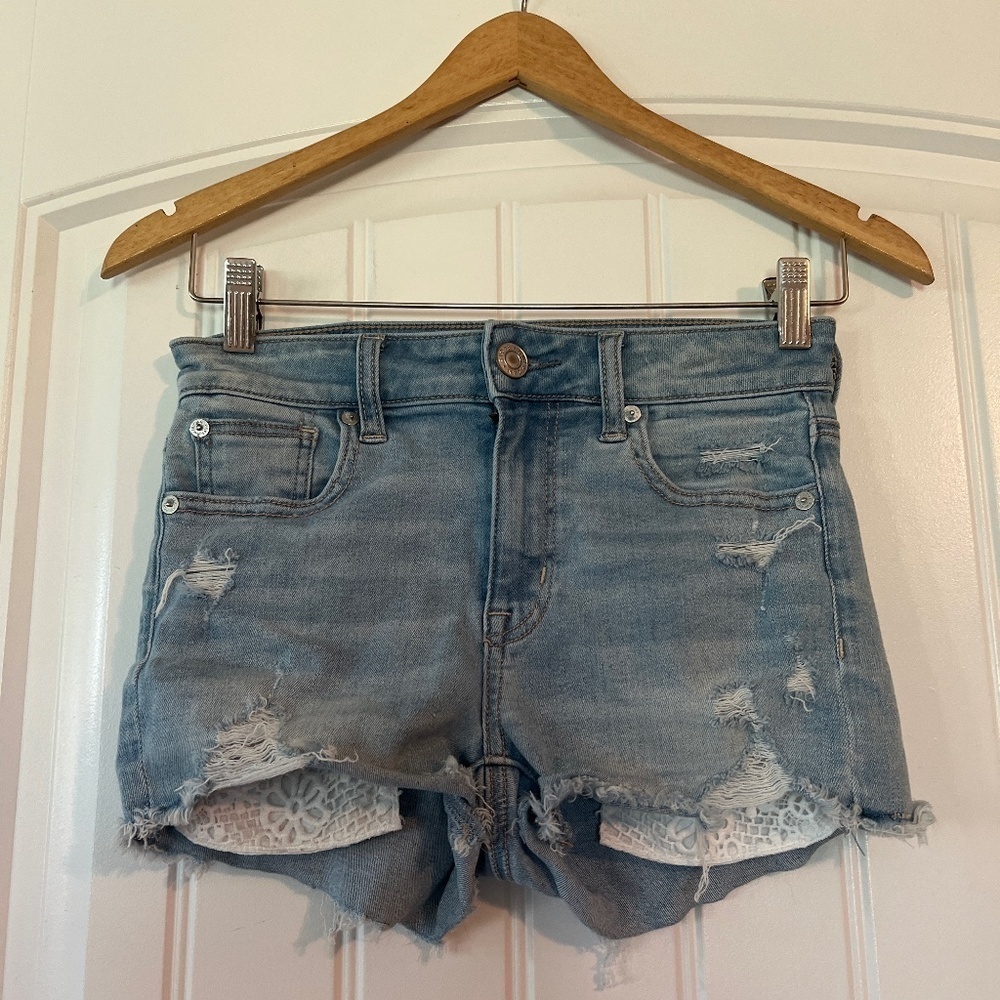 American Eagle Next Level stretch high rise Jean shortie shorts lace pockets 0